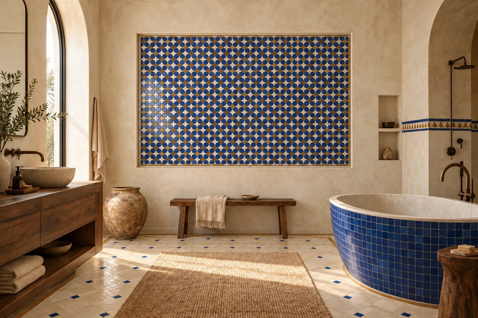Cobalt star feature wall, ivory cabochon floor, blue tiled bath and a restrained shower dado.